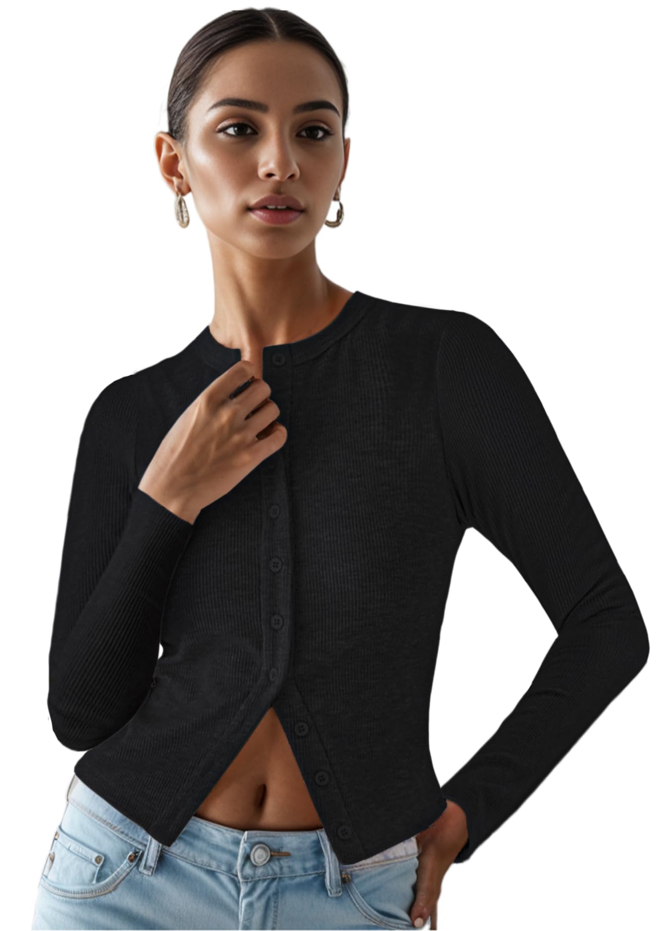 Ribbed Button Down Cardigan for Women Long Sleeve Button Up Fall Knit Going Out Cropped Tops