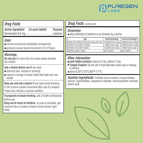 Miniatura 2 de Puregen Labs Senna 8.6 mg comprimidos (1000 unidades)  Sennósidos naturales laxantes vegetales para estreñimiento, hinchazón, gases, alivio de