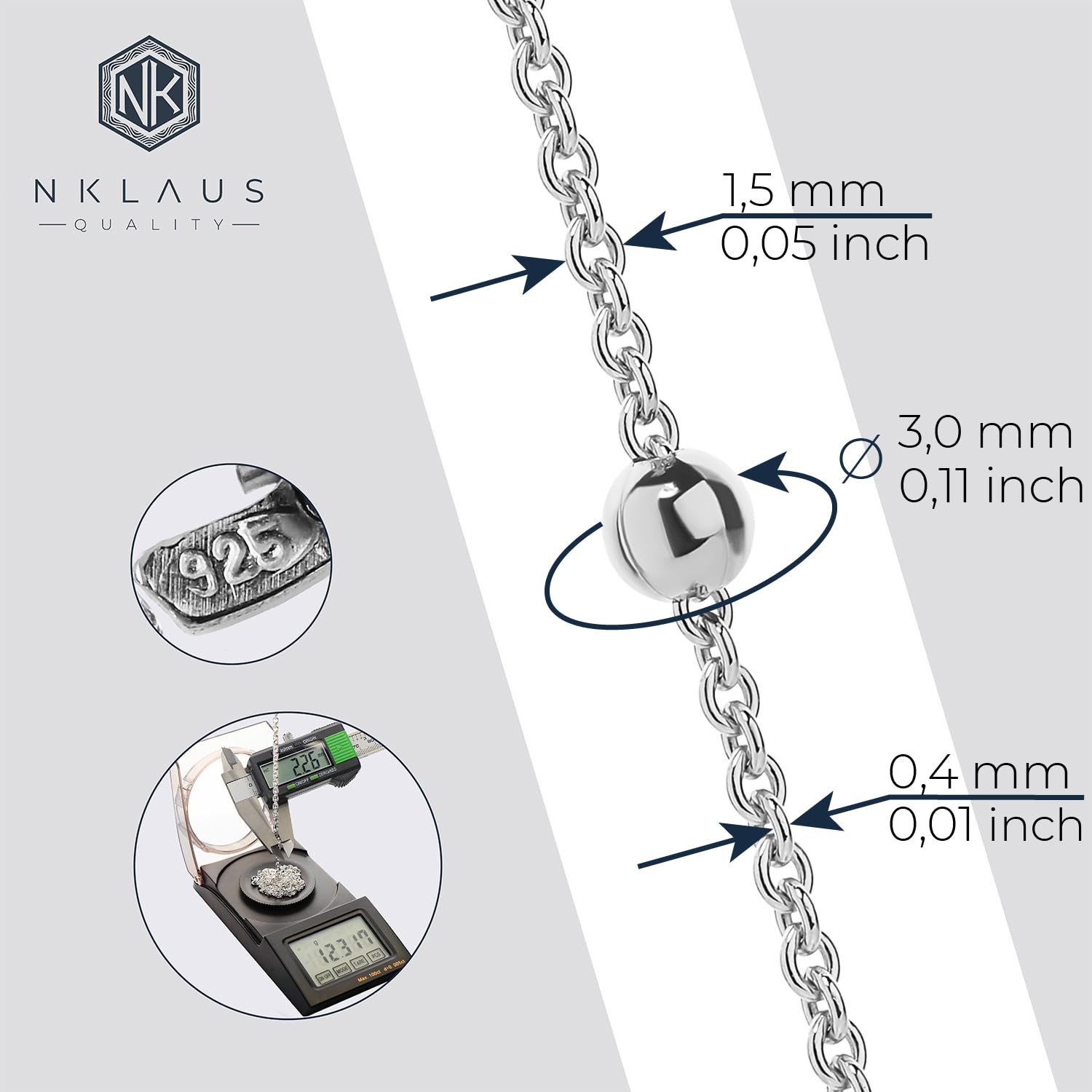 NKlaus collar de plata de ley 925 60cm cadena de ancla redonda con bola 9464