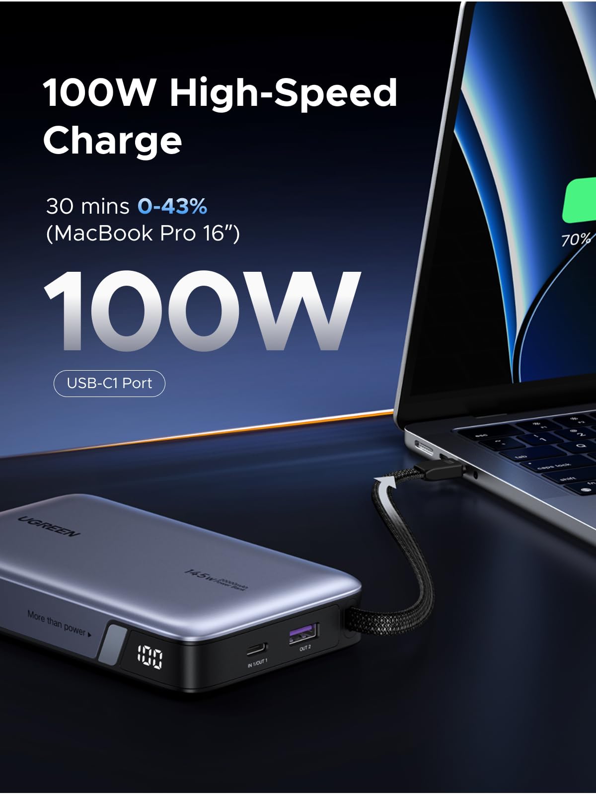 UGREEN Nexode Power Bank, 20000mAh 145W Laptop Portable Charger with Built-in USB-C Cable 72Wh Fast Charging Business Travel Battery Pack for MacBook Pro/Air/ipad/iPhone 17/Samsung S25/Dell/HP/Lenovo