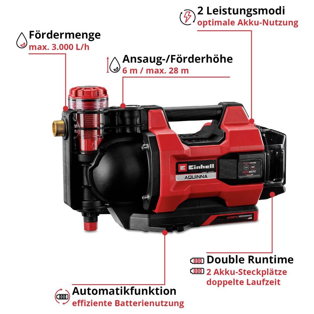 Einhell AQUINNA 18/30 F LED AUTOMATIC Power X-Change akumulatorowa pompa nawadniająca (18 V, maks. 3000 l/h, wysokość tłoczenia maks. 28 m, ciemna automatyczna, 2 gniazda na baterie, bez baterii)
