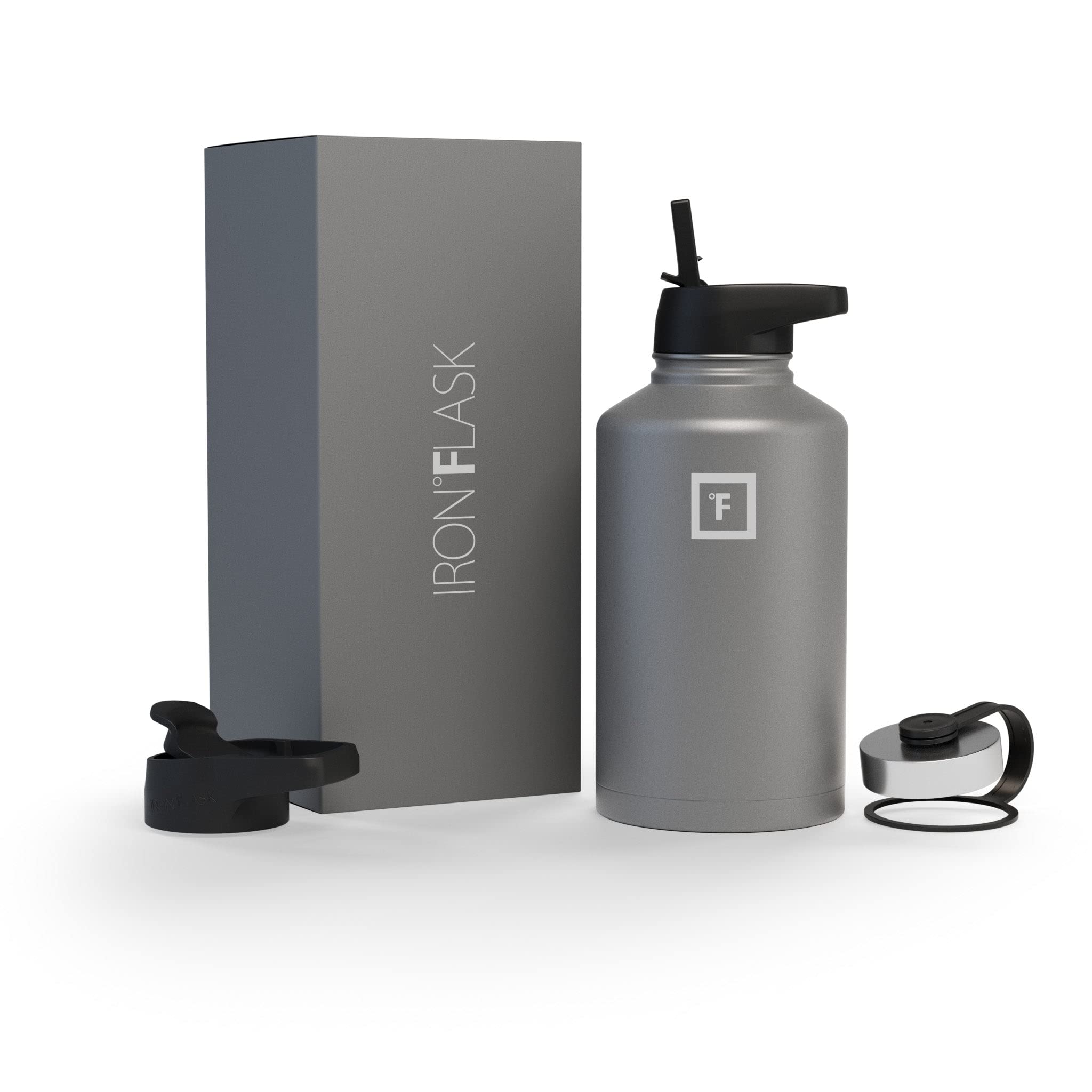 IRON °FLASK Camping &amp; Hiking Hydration Flask with Straw, Wide Mouth Insulated Stainless Steel Sports Water Bottle - Graphite 64 oz - Straw (3 Lids)