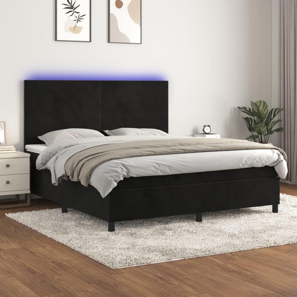 Aksamitne z regulowanym zagłówkiem Łóżko kontynentalne Czarny 180x200cm | Łóżko kontynentalne 180x200 z materacem sprężynowym i LED, czarny aksamit z regulowanym zagłówkiem do sypialni