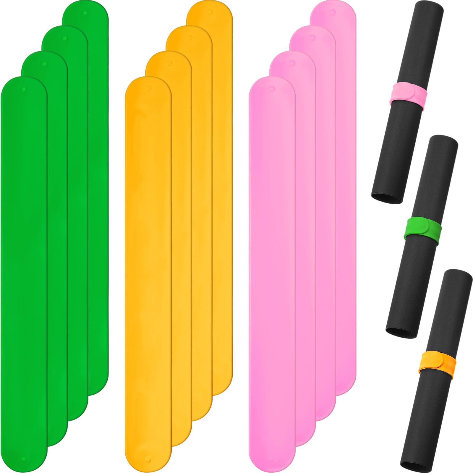 Charniol 12 Pieces Wrapping Paper Roll Holder Holiday Flip Wraps Silicone Covered Metal Strips Flip 1 x 9 Inch Stabilizer Slap Band for Poster Gift Paper Vinyl Storage Organize (Green,Yellow,Pink)