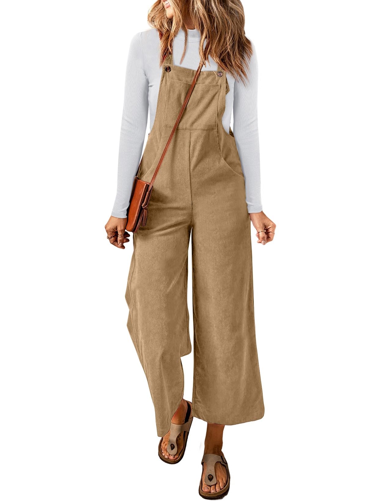 Happy SailedWomen Corduroy Overalls Casual Loose Sleeveless Adjustable Strap Wide Leg Jumpsuits with Pockets