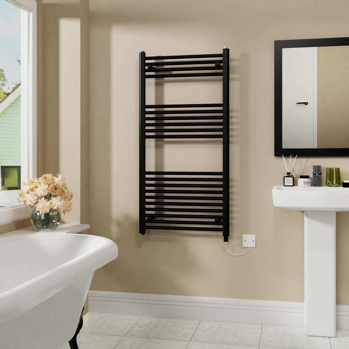 Warmehaus 600W Electric Heated Towel Rail Radiator Black - 1200x600mm