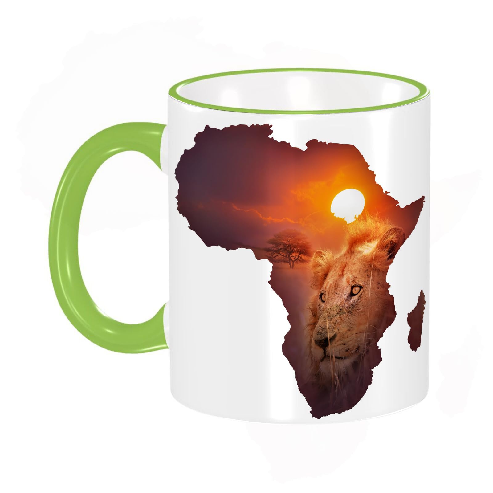 Coffee Mug Funny Mug,Coloured Mug Cup Gift Birthday Work Office Christmas Printed Coffee Cup 11Oz Cups 330ml,White,Male Lion and cub Portrait in Africa map Isolated on White Background