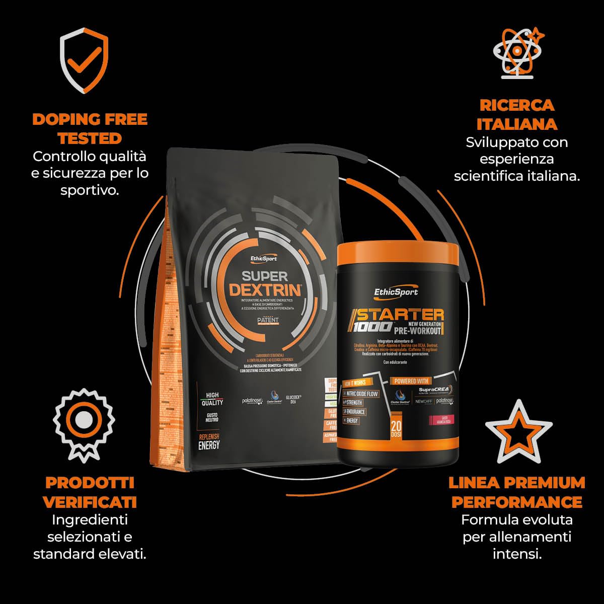 EthicSport Bundle Pre-Workout & Endurance | Starter 1000 supporta la performance + Super Dextrin ciclodestrine e maltodestrine | Energia continua dalla preparazione allo sforzo | Doping Free Tested