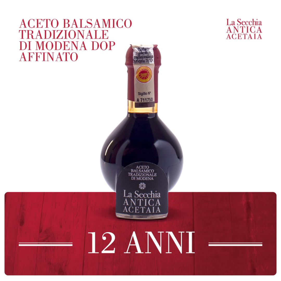La Secchia - Aceto Balsamico Tradizionale di Modena DOP "Affinato", Invecchiato Almeno 12 Anni, Bottiglia 100 ml con Tappo Dosatore in Vetro Soffiato, Confezione Regalo