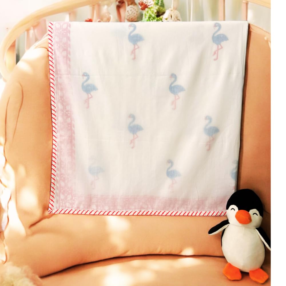 PShomes 100% Muslin 3D Dohar Handblock Kids Blanket - 3-Layer Fabric, Natural Dye & Non-Toxic, Lightweight & All-Season (Flamingo 40x60) 1