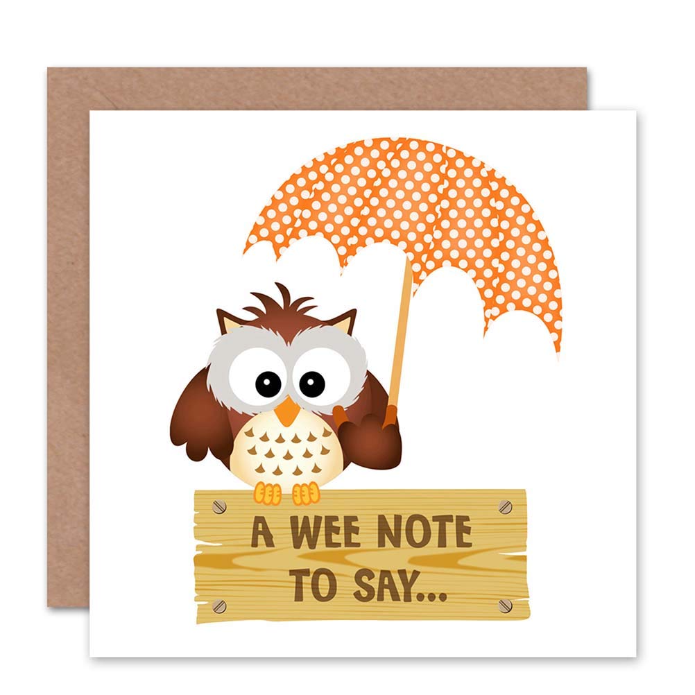 Wee Blue Coo OWL UMBRELLA SPRING BIRD PERCH CUTE SIGN WEE NOTE BLANK BIRTHDAY CARD