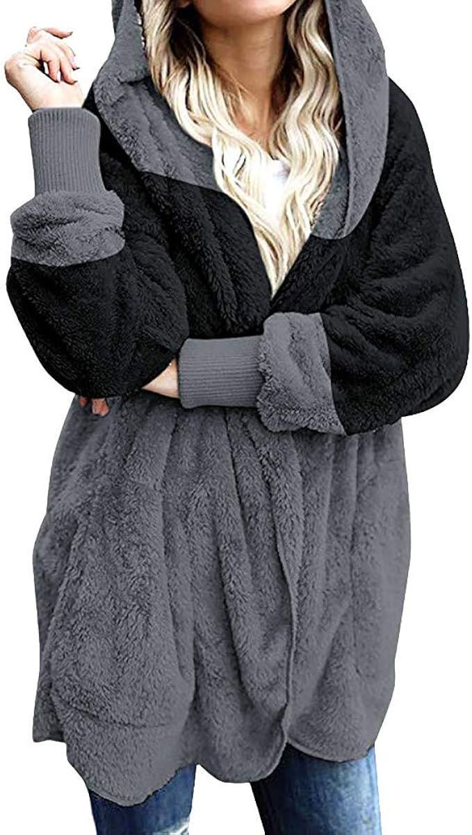red patchwork fuzzy hooded coat
