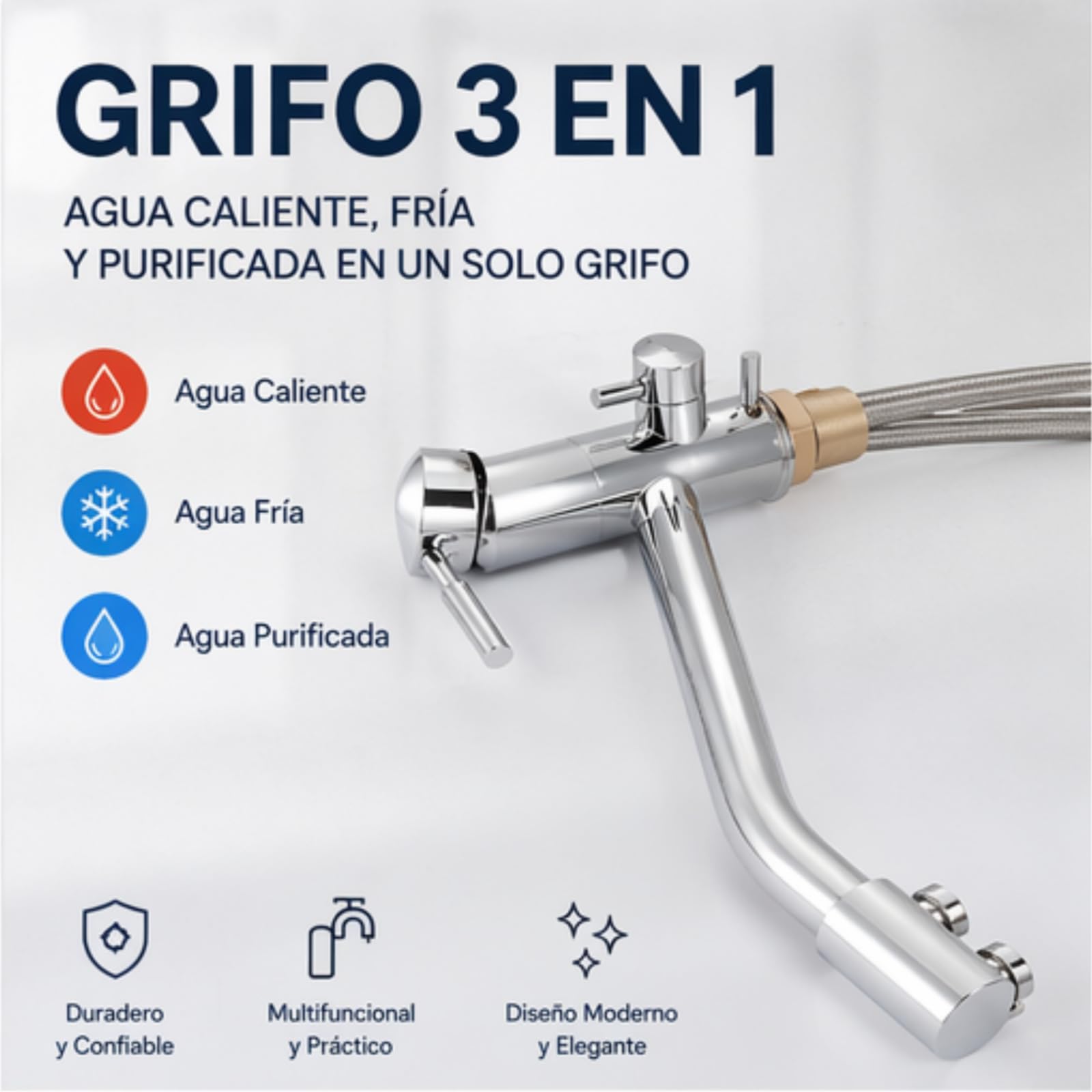 Grifo de Cocina 3 Vías Con Filtro de Agua - 3 en 1 Para Ósmosis - Agua Potable - Latón Giratorio