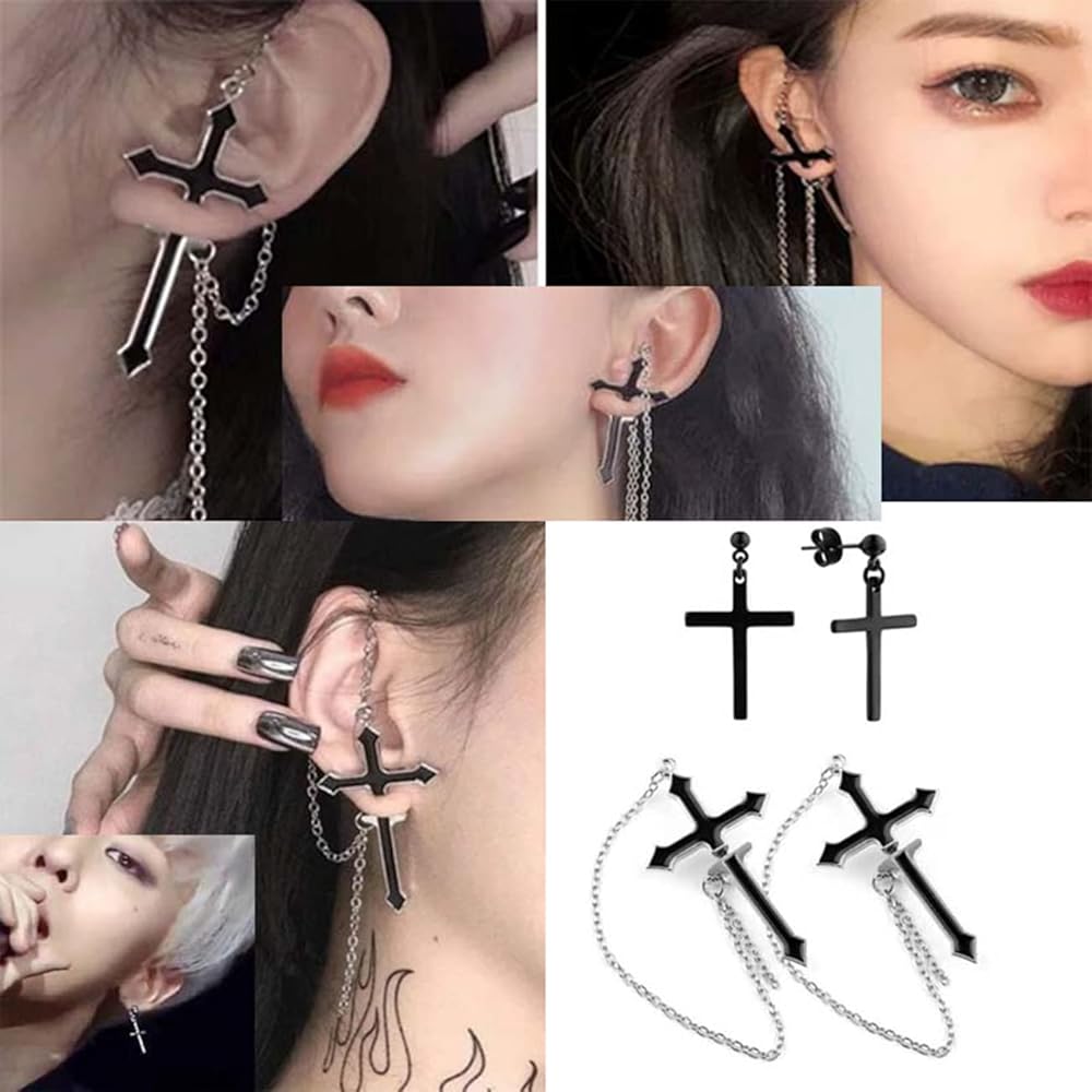 Amazon.com: 2 Pairs Black Cross Chain Dangle Earrings for