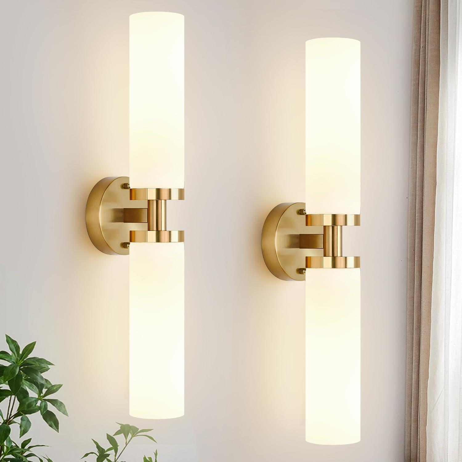 Wall Sconces Set of Two, Brushed Gold Bathroom Sconces Wall Lighting with Milky White Glass, Modern Sconces Wall Decor Set of 2 Wall Light fixtures for Bathroom Mirror Living Room Hallway Bedroom