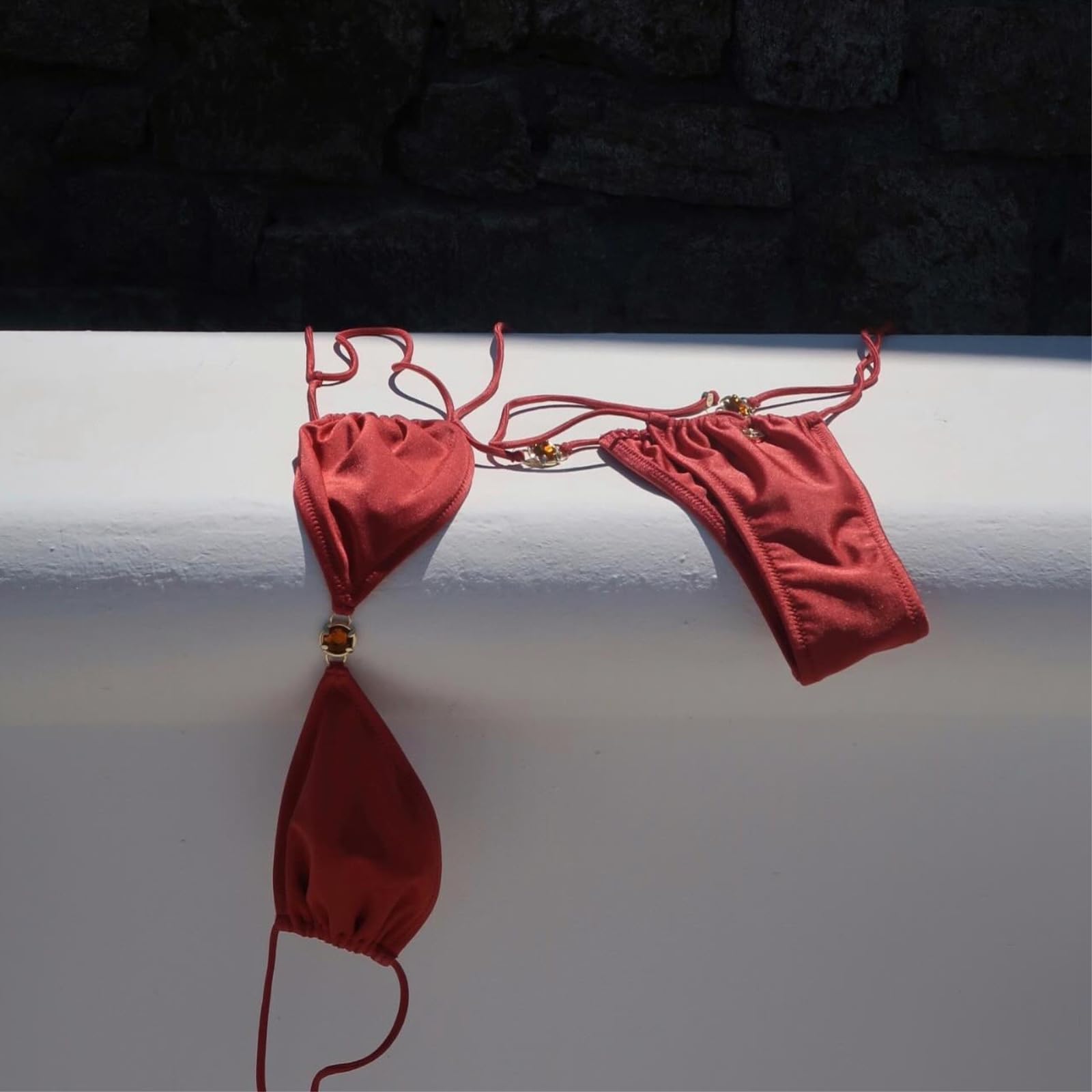 Bikini Donna Borgogna Set Oro Anello Dettaglio Due Pezzi Costume da Bagno-bikini1-l