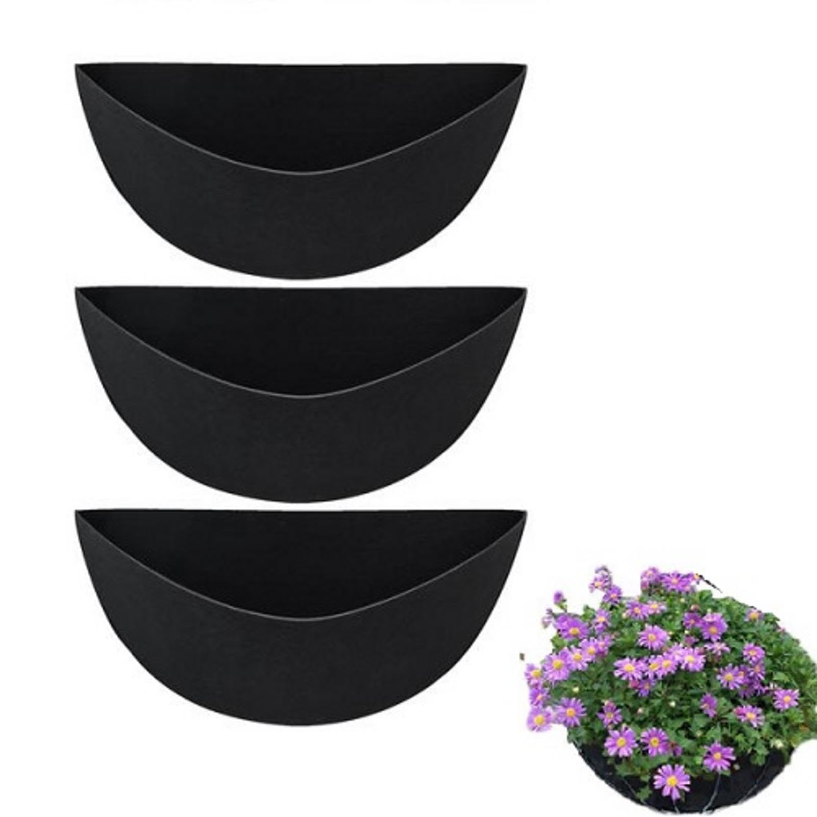 Xitoio 14Inch 3 Half Round Planter Liners 16 Inch Felt Fabric Black Wall Basket Liners For Hanging Baskets Plant Pots Garden Accessories (14Inch)