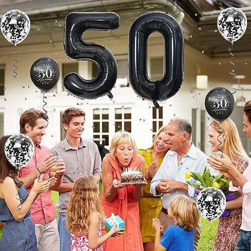 Image of 50th Birthday Balloons, 50th Birthday Decorations for Women with Black Birthday Print Confetti Balloons Latex Metallic Balloons 40 Inch Foil Number 50th Balloons for Men 50th Birthday Party Decor
