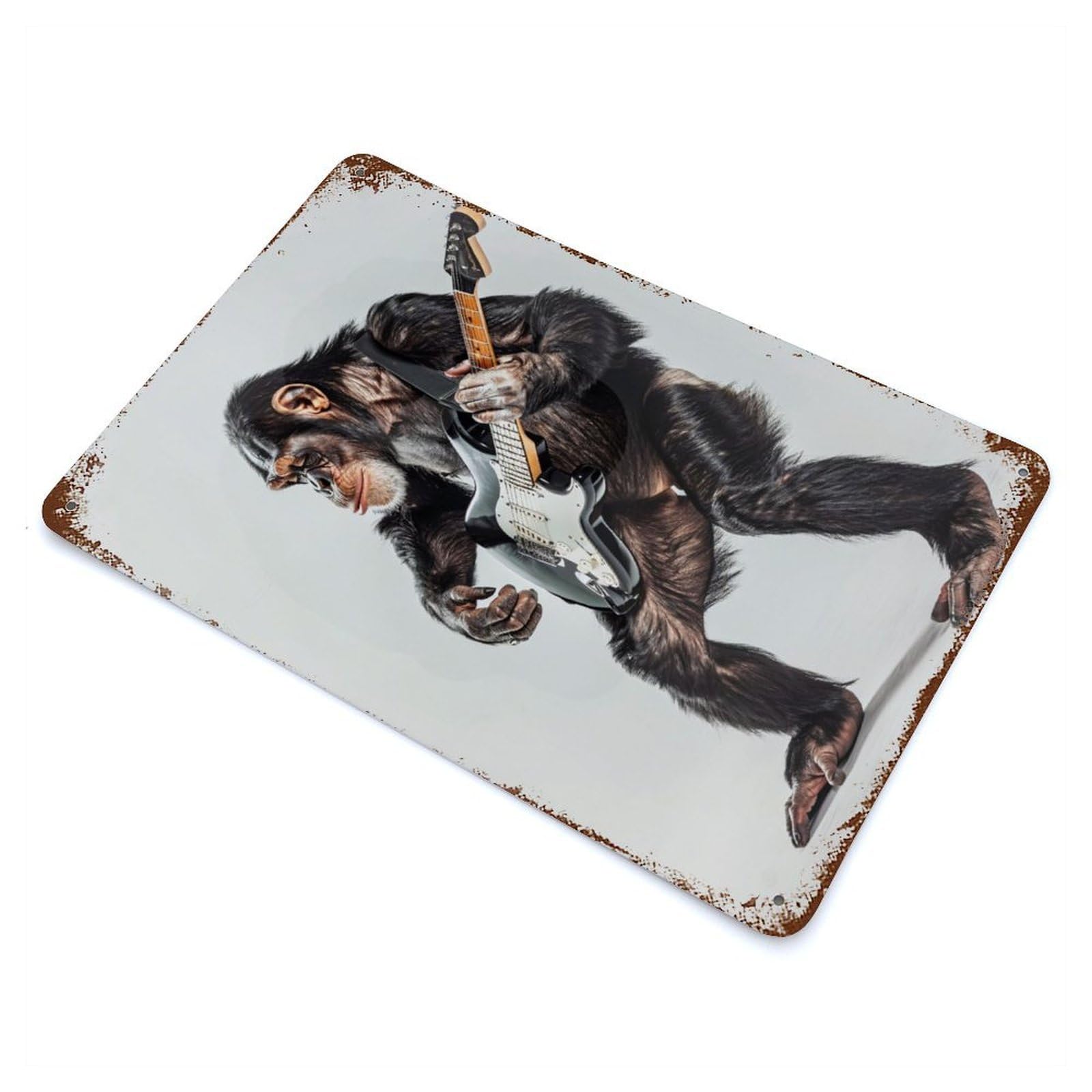 Chimpanzee Guitar Vintage Wall Sign 11.8"x7.9", Rust Effect Metal Decor for Basement, Hobby Room And Garage Decor