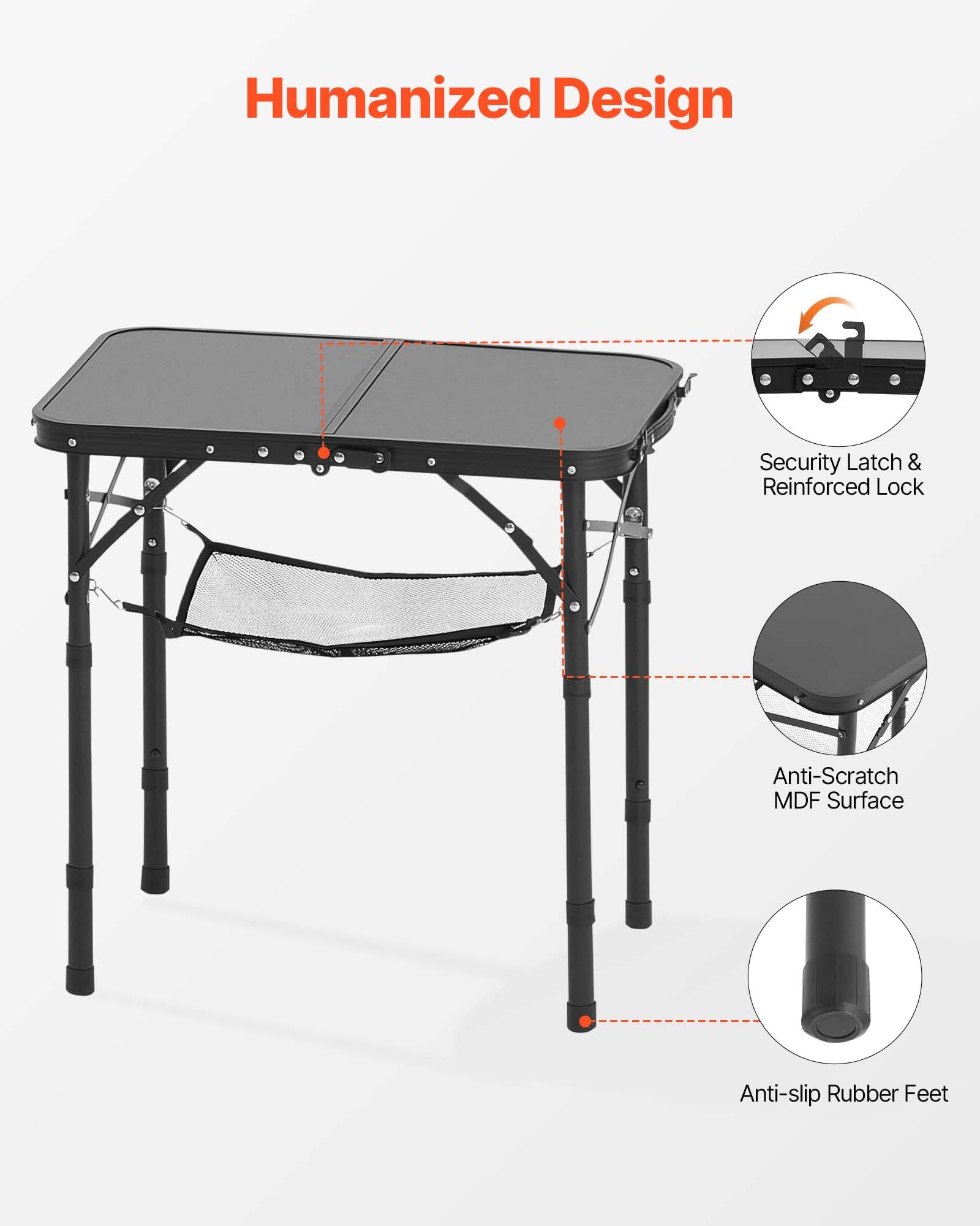 VEVOR Tavolo da Campeggio Pieghevole 600 x 400 mm Tavolo da Spiaggia in Alluminio MDF con Strato in Rete, Maniglia per Trasporto, Leggero e Compatto per Picnic all'Aperto, Barbecue, Nero