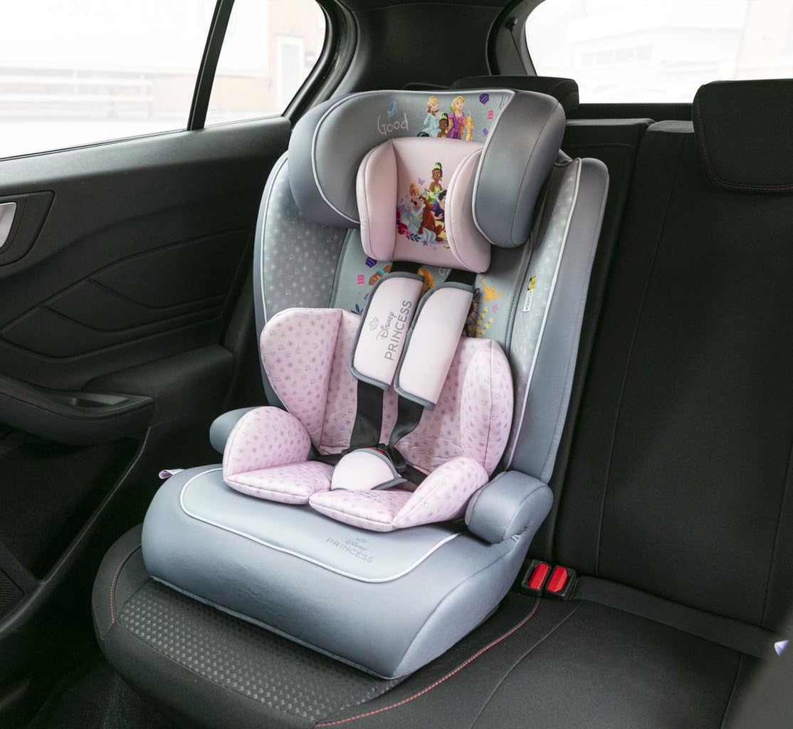 Disney Princesses I-Size R129 Autositz. Kindersitz mit einer Höhe von 76 bis 150 cm. Einstellbare Kopfstütze und Polsterung.
