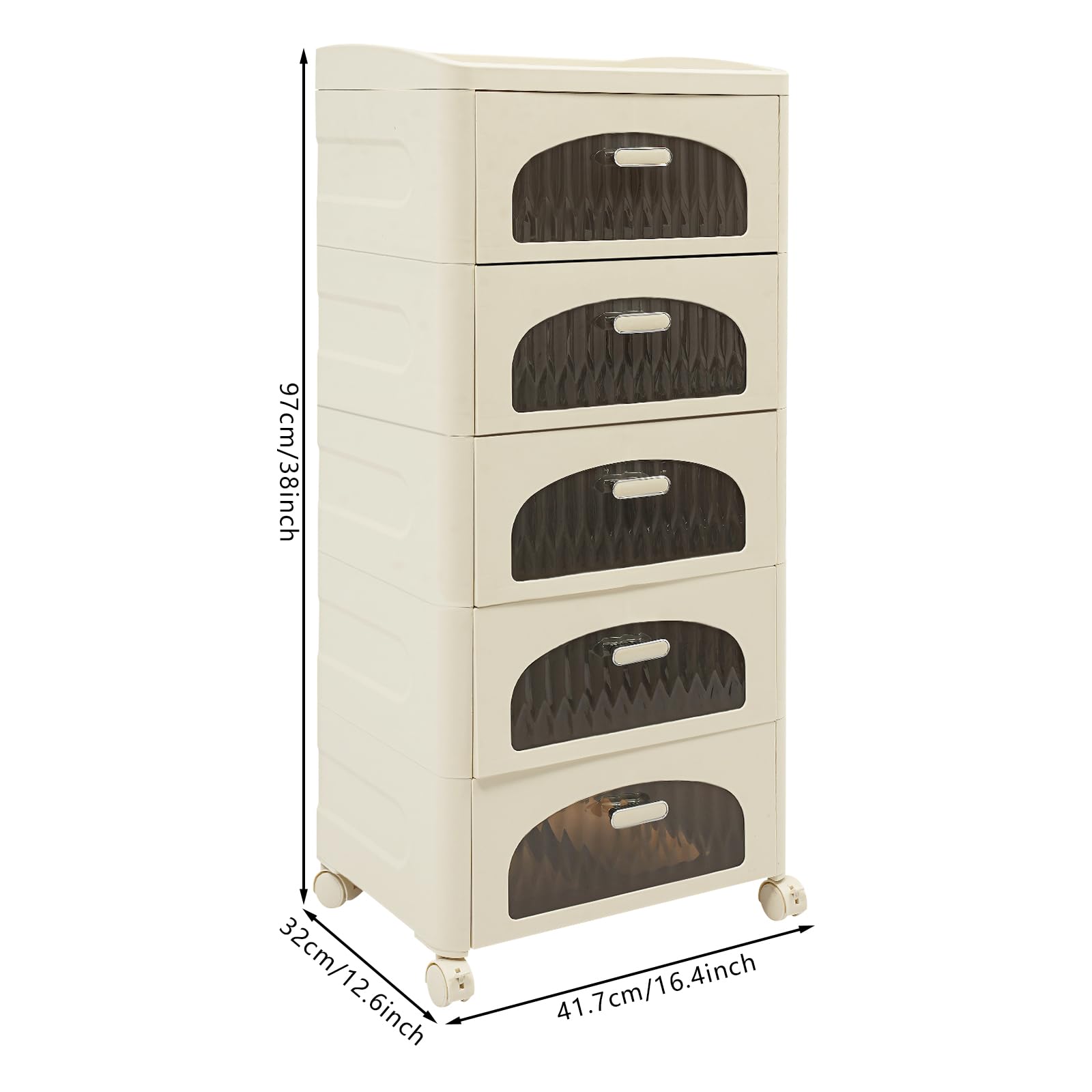 Cassettiera con 5 cassetti, con ruote, capacità di carico di ogni cassetto 5 kg, 41,7 x 32 x 97 cm, scatole impilabili per soggiorno, cameretta dei bambini, studio (arco trasparente)