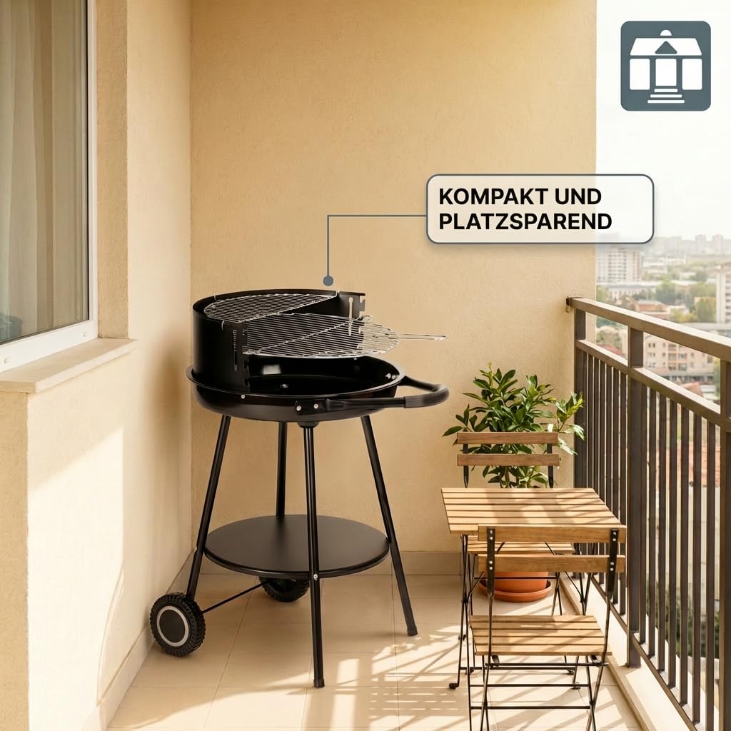 Tarrington House Holzkohlegrill Deluxe, Stahl, Tragbarer, rund, hohenverstellbarer Grillrost Ø 48 cm, mit Rädern, schwarz