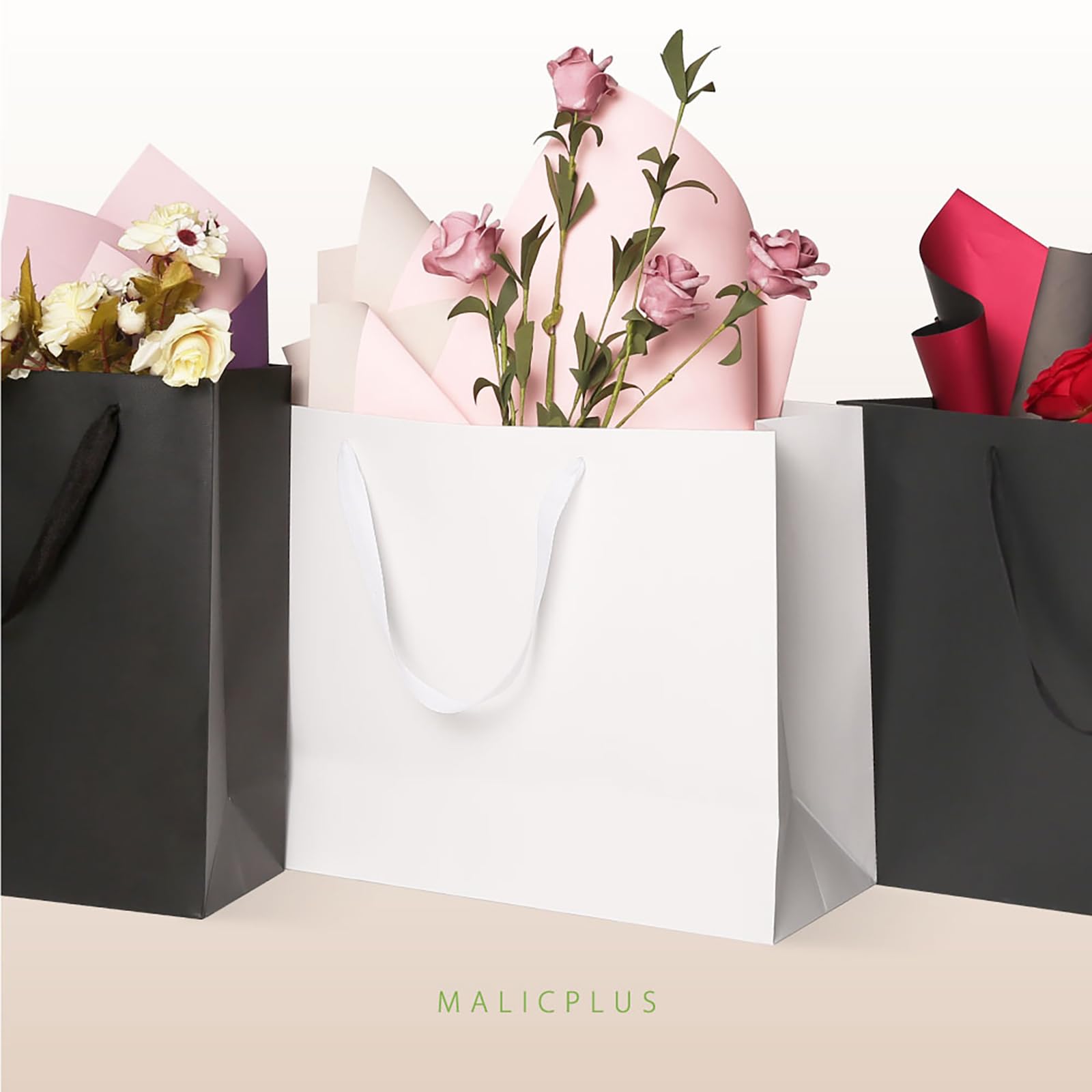 MALICPLUS 12 bardzo dużych torebek prezentowych, 40 x 15 x 30 cm, luksusowe, białe, matowe, duże, na prezent z uchwytami, na Dzień Matki (teksturowane wykończenie ziarna)