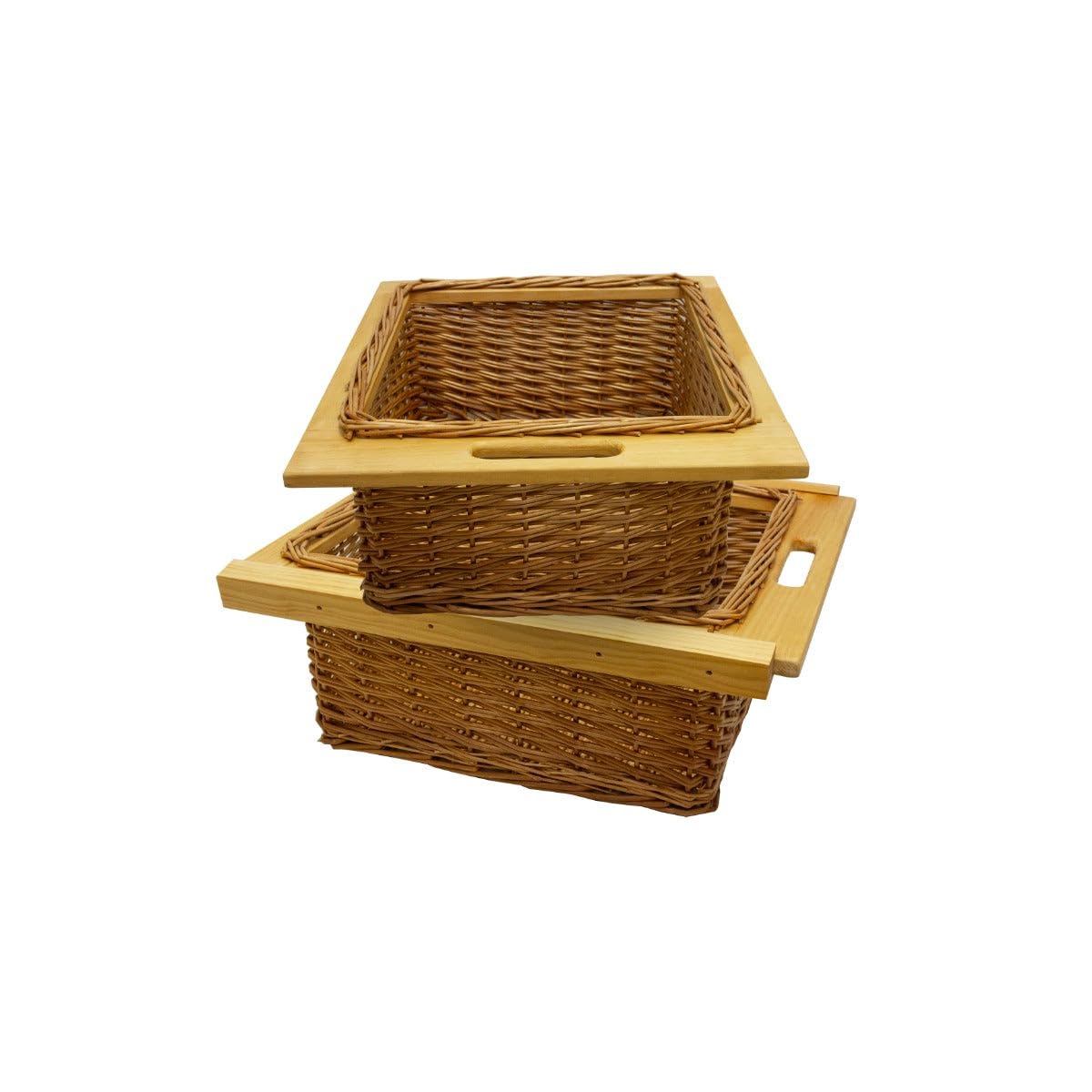 Cestas de Mimbre y Pino para Cocina – Set de 2 – Compatible con Gabinetes de 50cm -con Corredores de Madera de Pino – Diseño Rústico y Duradero – Soporta 10kg por Cesta – Kit de Fijación Incluido