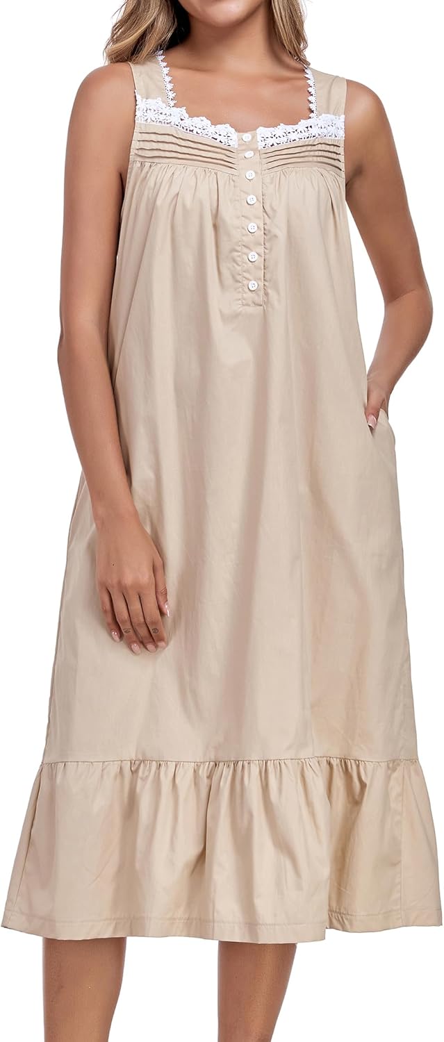 100% Cotton Nightgowns For Women Sleeveless Night Gown Long Sleep Dress With Pockets - Image 3
