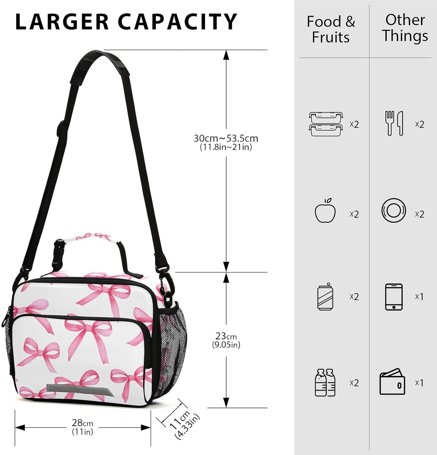 ALAZA Pink Bows Girls Lunch Box Kids Lunchbox Insulated Reusable Meal Container Lunchbag with Shoulder Strap - Image 4