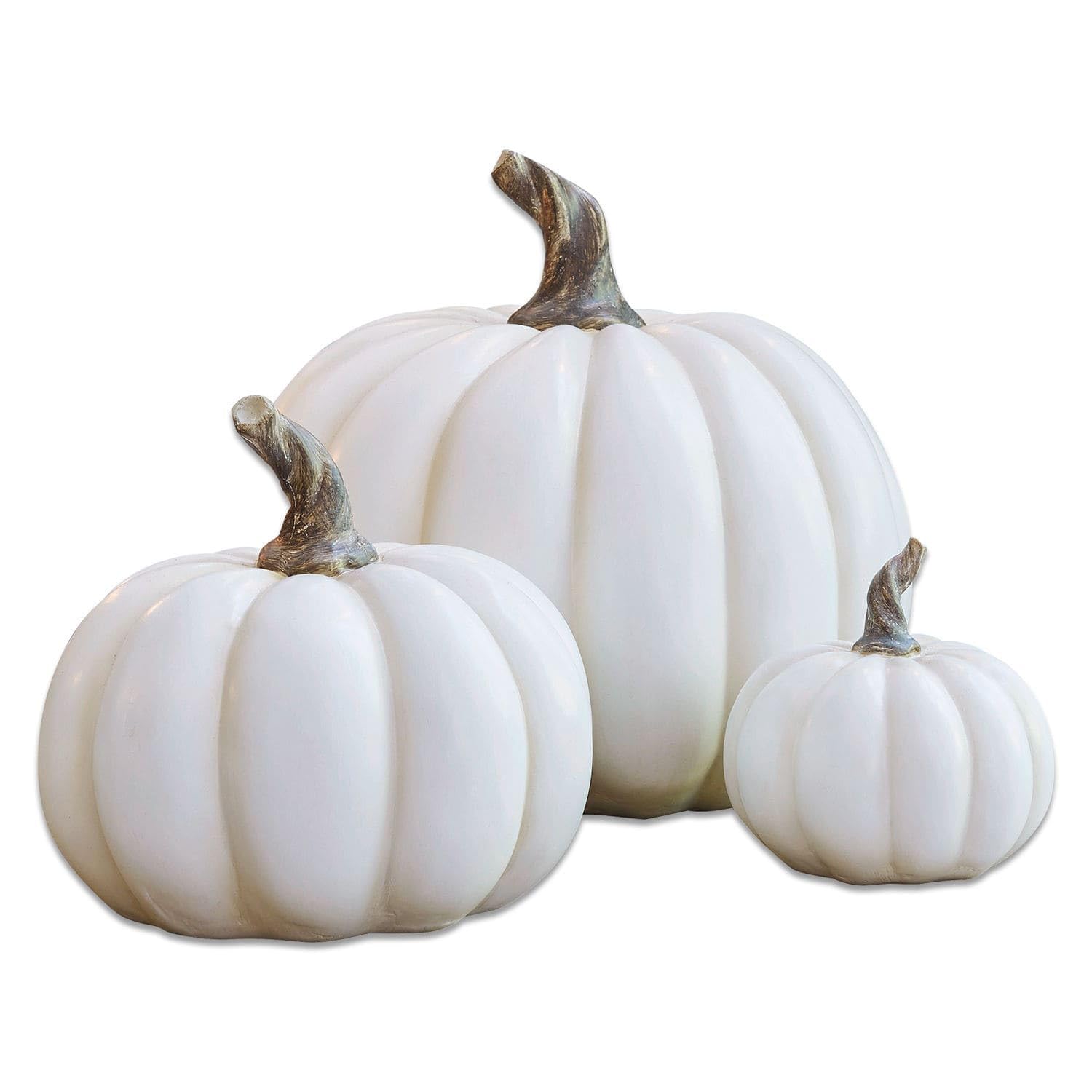 Loberon Elrik Lot de 3 citrouilles - Bel ouvrage réalisé à la Main à l'aspect Vieilli - Résine synthétique à la Finition vieillie, Blanc