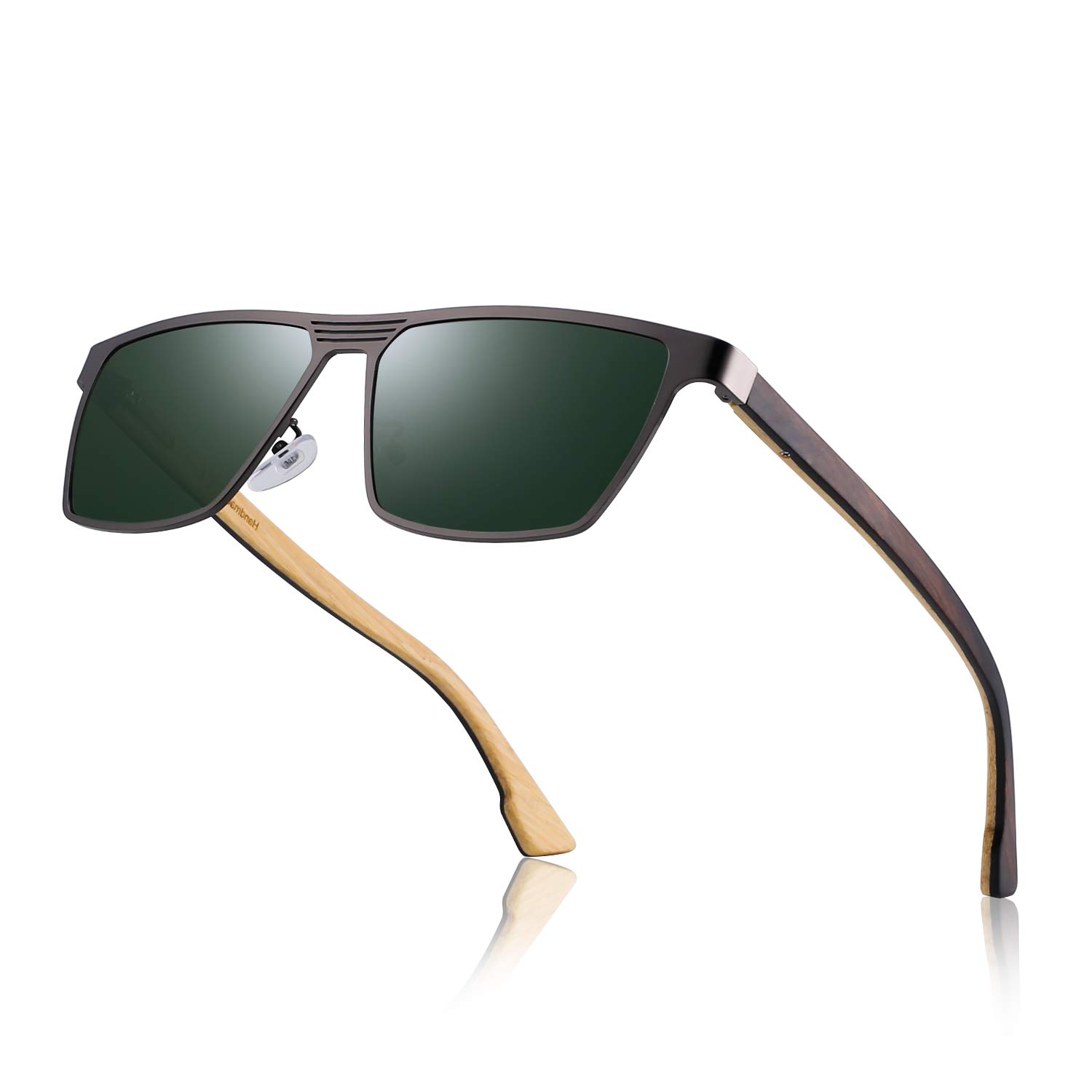 Wood Polarized Sunglasses For Men Metal Frame Uv Protection with Case (Gun/G15 Lens)