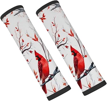 Car Seat Belt Pads Cover, Red Cardinal Bird in Branches Soft Seat Belt Covers 2 Pack All Weather Universal Protect Pads for Adults and Children
