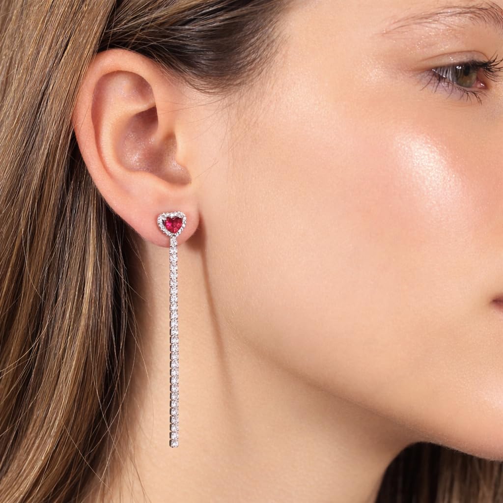Orecchini Donna Sakrami in Argento 925 con Zircone Cuore Rosso, Verde o Bianco e Catena Tennis – Scatola Personalizzabile con Dedica Incisa – Gioiello Elegante per Anniversario San Valentino