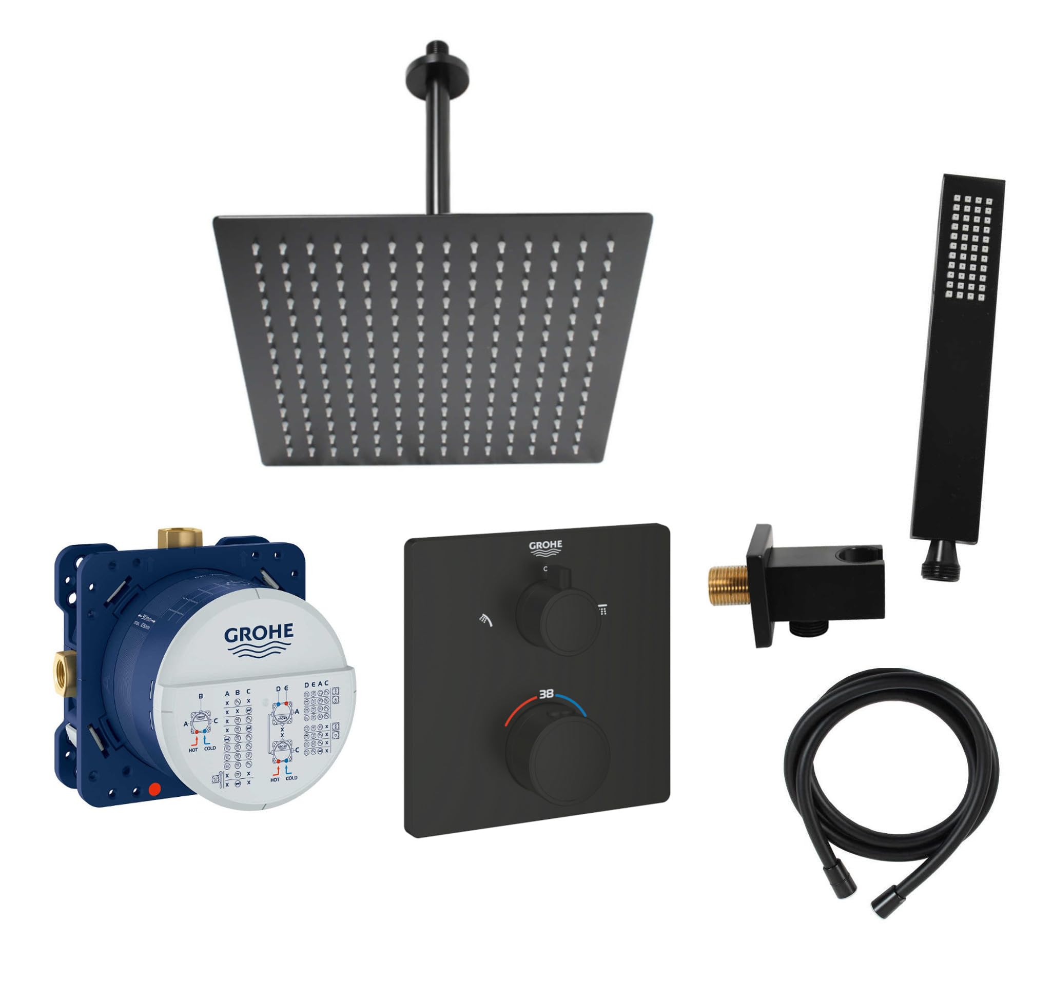 vanvilla Duschsystem mit Unterputz Duscharmatur von Grohe Grohtherm Thermostat und vanvilla Regendusche mit Armatur, Duschkopf, Dusch-SET GS06 schwarz matt