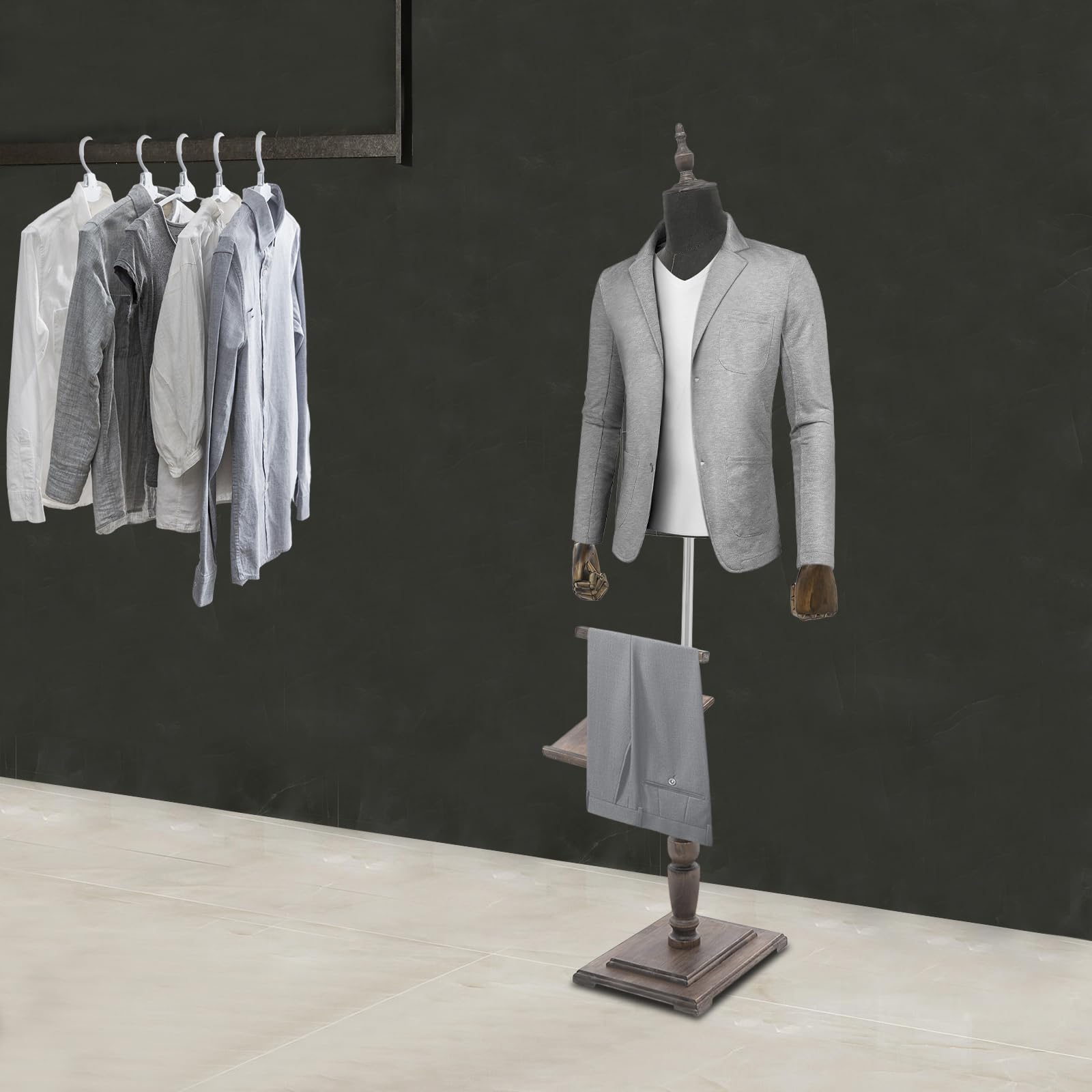 Schaufensterpuppe Männliche, Schneiderpuppe mit Schuhhalter Hosenständer Freistehend Verstellbarer Höhe 135-180cm Mannequin für Bekleidungsgeschäfte Schneidereien Dunkelgrau, Braun