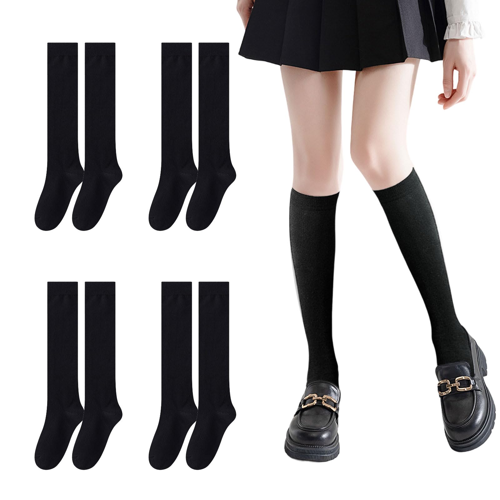 4 Paia Calzettoni Unisex In Cotone - Al Ginocchio, Invernali, Bianco E Nero - Foto 4