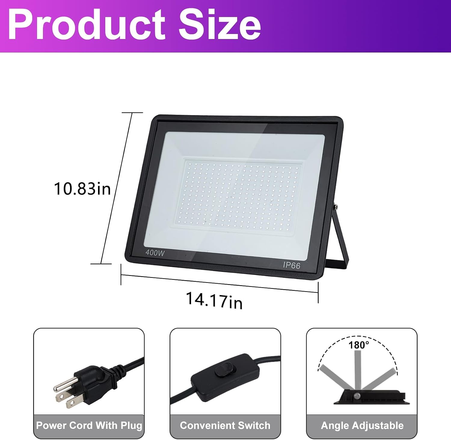 400W LED Black Light Outdoor, IP66 Waterproof UV Flood Light with Plug and Switch, 385-400nm Blacklight, 180° Adjustable, Glow in The Dark Light for Halloween, Party, Body Paint, Stage, Yard