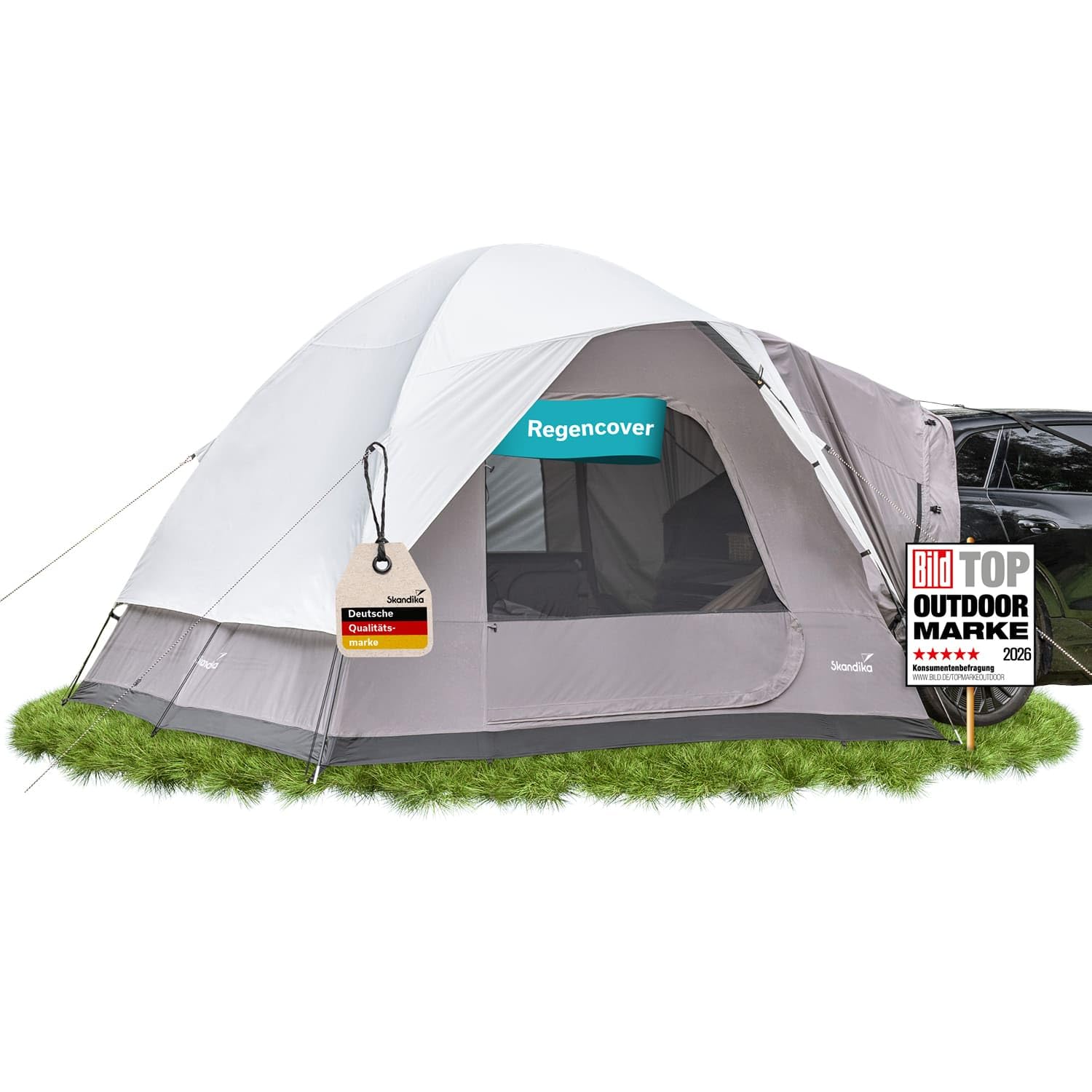 Skandika Heckzelt Pitea SUV Protect | 4 Personen, recyceltes Zeltmaterial, freistehend, eingenähter Zeltboden, 2,2 m Stehhöhe, Fenster, 5000 mm Wassersäule, Moskitonetze, 3 x 3 m | für Auto, SUV, Bus