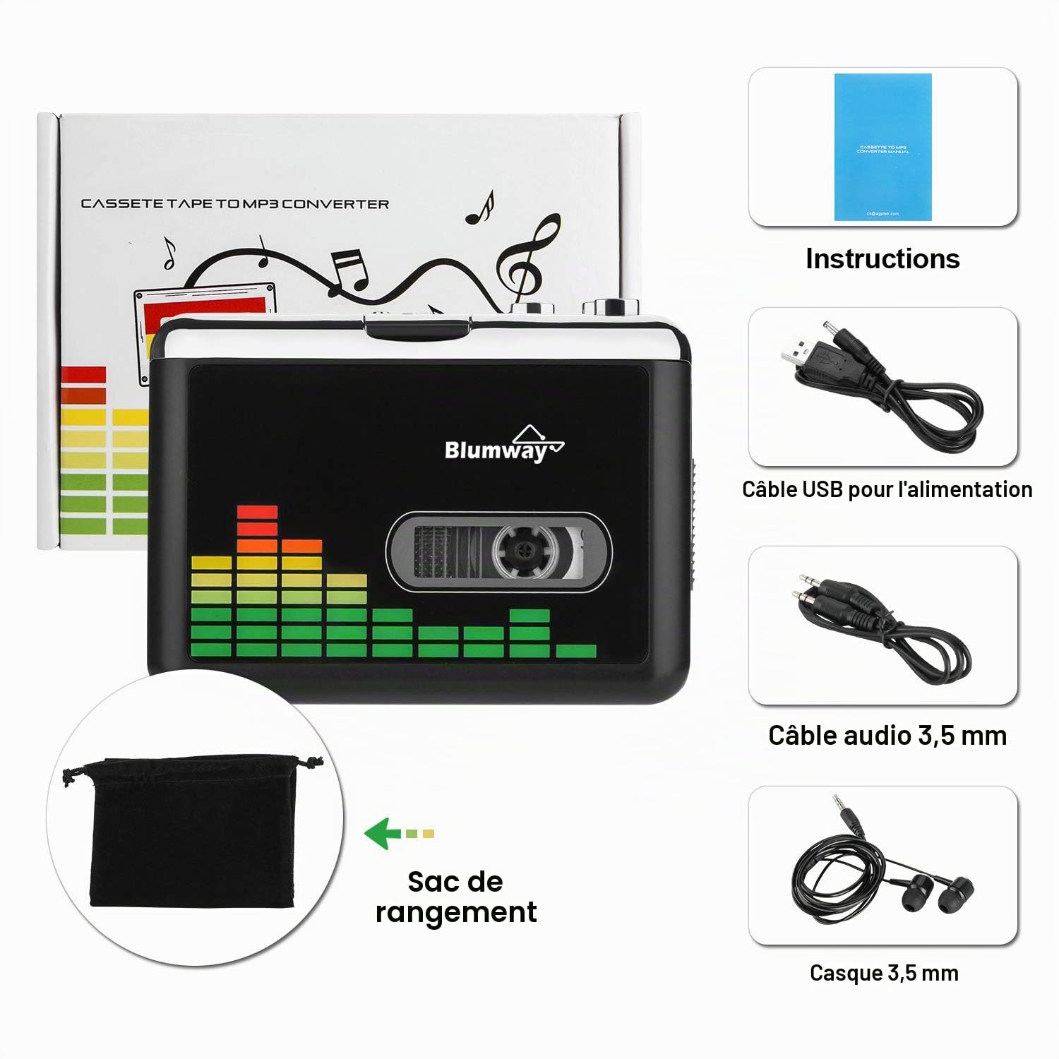 BlumWay Convertisseur de cassette USB en MP3, lecteur de cassette portable Convertisseur de cassette numérique Lecteur de musique audio Convertisseur de cassette avec casque et étui de transport