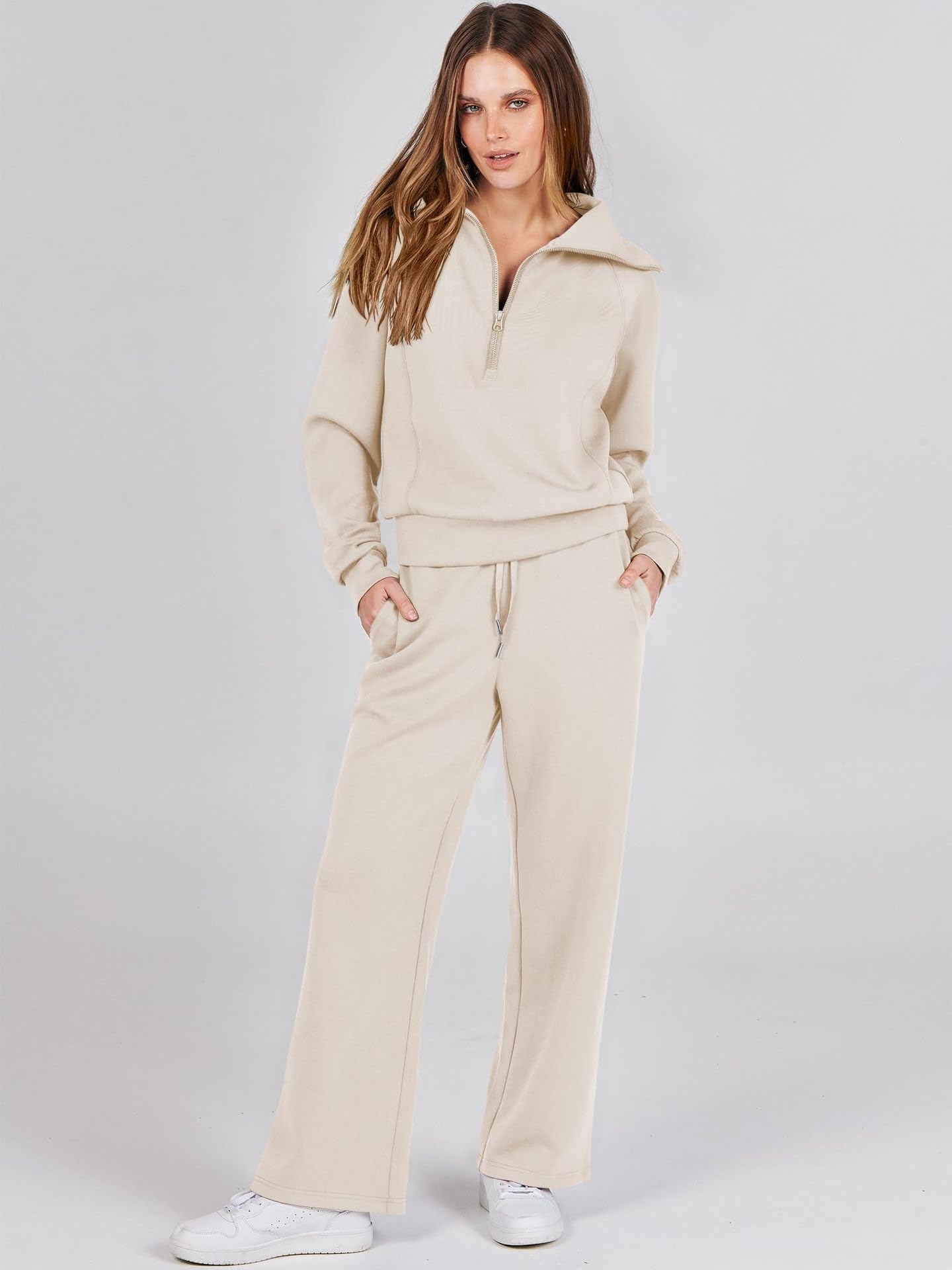 Set casual da donna in due pezzi per yoga, corsa, loungewear a maniche lunghe, felpa con mezza zip, top e pantaloni a gamba larga, abbigliamento da casa a maniche lunghe