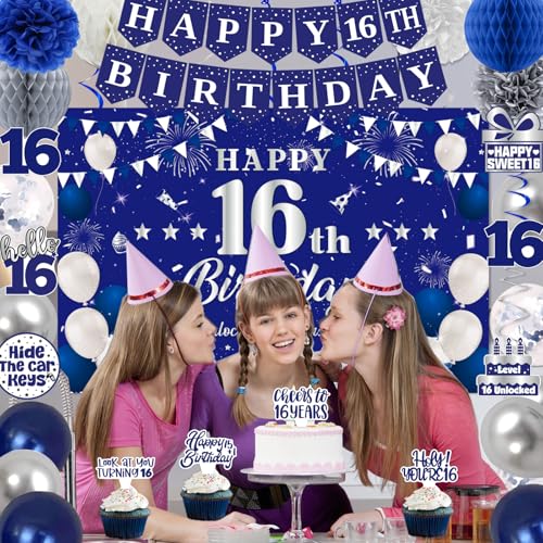 Image of 16th Birthday Decorations for Boys Girls, Blue Silver Sweet 16th Birthday Party Decorations, Happy 16th Birthday Backdrop, Banner, Balloons, Pompoms, Hanging Swirls, Birthday Card, Cake Topper 54pcs