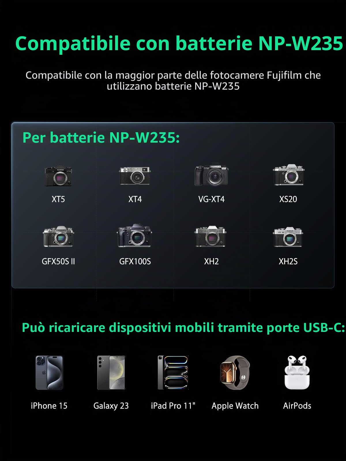 llano NP-W235 caricabatterie rapido doppia batteria per Fujifilm XT5, XT4, VG-XT4, XS20, GFX50S II, GFX100S, XH2, XH2S