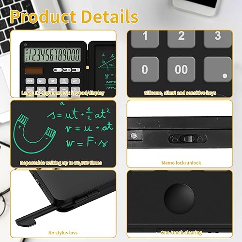 Miniatura 3 de Calculator with Writing Pad,12-Digit LCD Display, Dual Power Solar + Coin Cell,1-Yr Battery Life Silicone Keys for Comfort Lightweight Portable for
