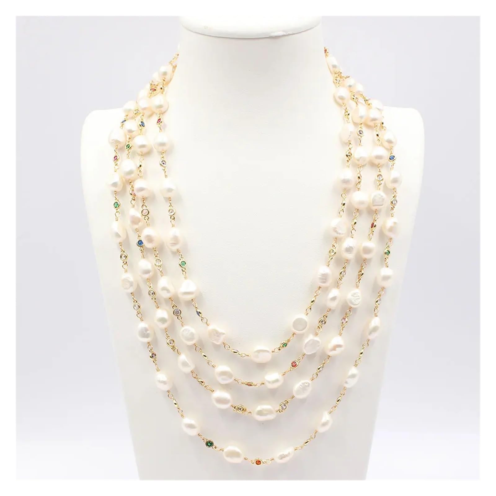Joyería Collar de cadena de circonita cúbica multicolor con perlas barrocas blancas de agua dulce de 4 hebras de 18.0 in