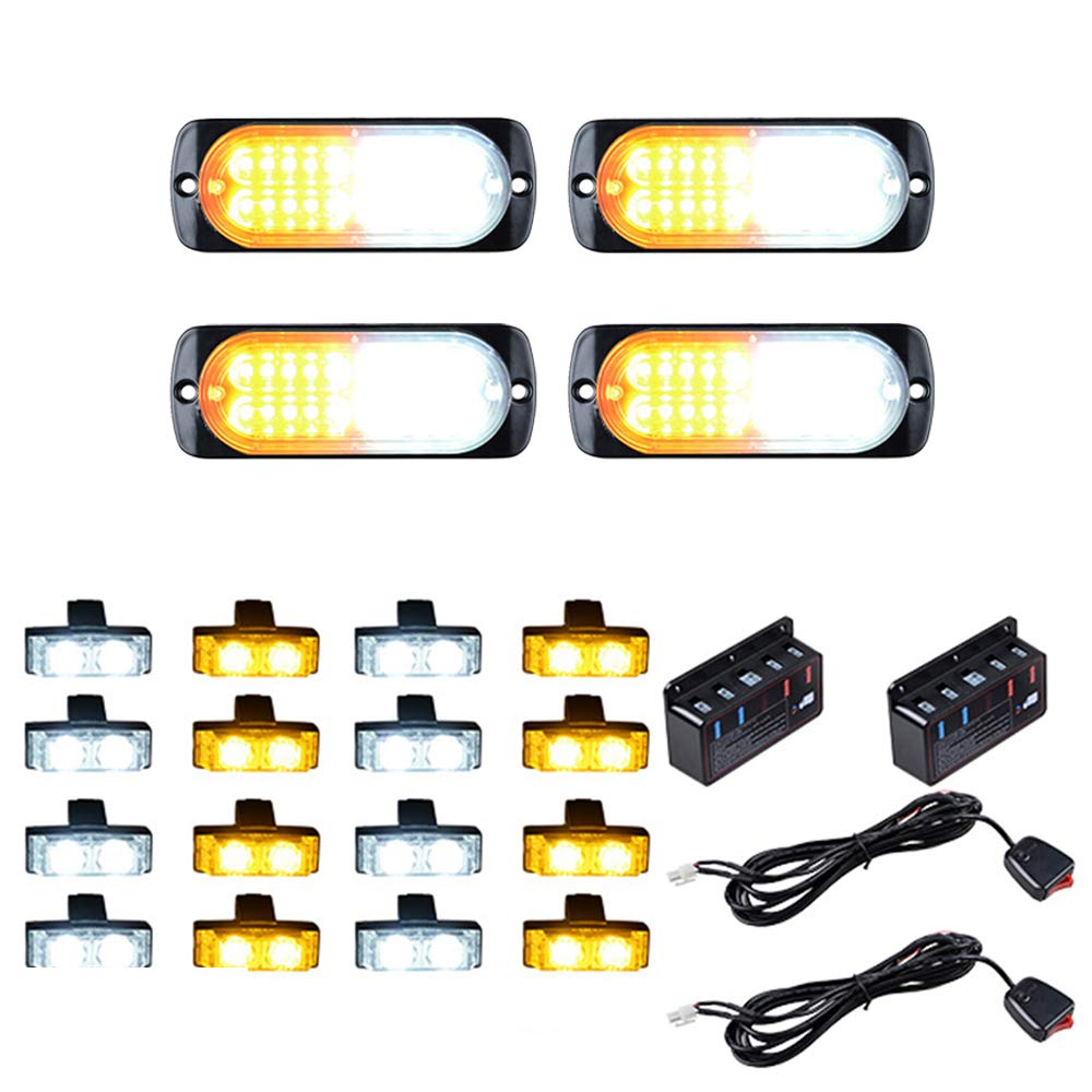 Set 4X Amber Yellow Ultra-thin Slim 20-LED Surface Mount and 8pcs White 8pcs Amber 2-LED Waterproof Emergency Beacon Warning Hazard Flash Strobe Light Bar