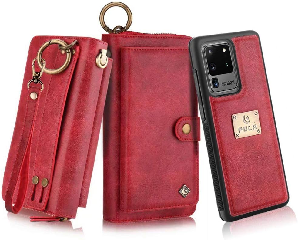 Petocase Compatible Galaxy S20 Ultra Wallet Case, Multi-Functional PU Leather Zip Wristlets Clutch Detachable Magnetic Card Slots Cash Purse Protection Cover for Samsung Galaxy S20 Ultra 6.9" Red
