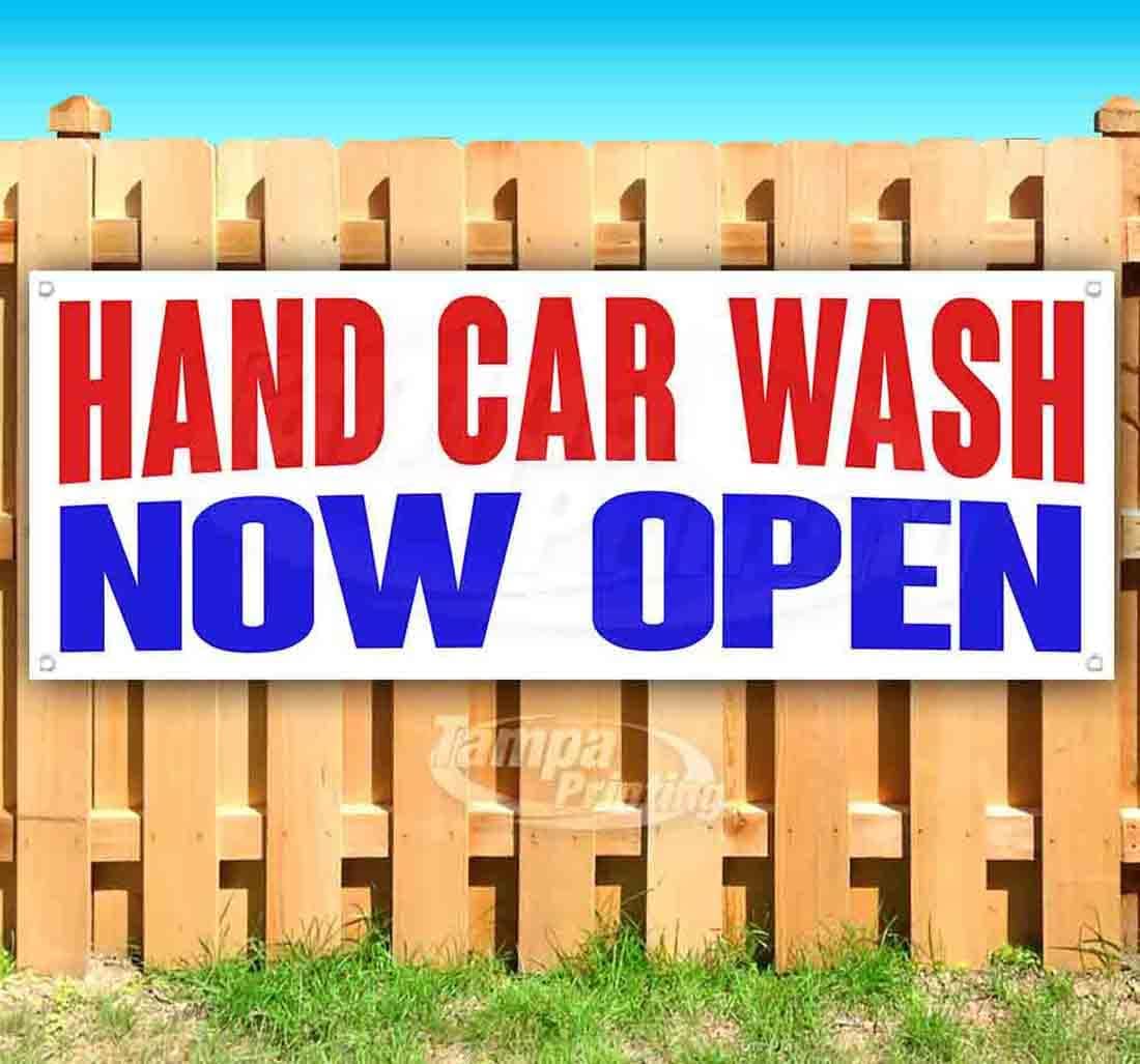 Hand Car Wash Now Open Banner 13 oz | Non-Fabric | Heavy-Duty Vinyl Single-Sided With Metal Grommets