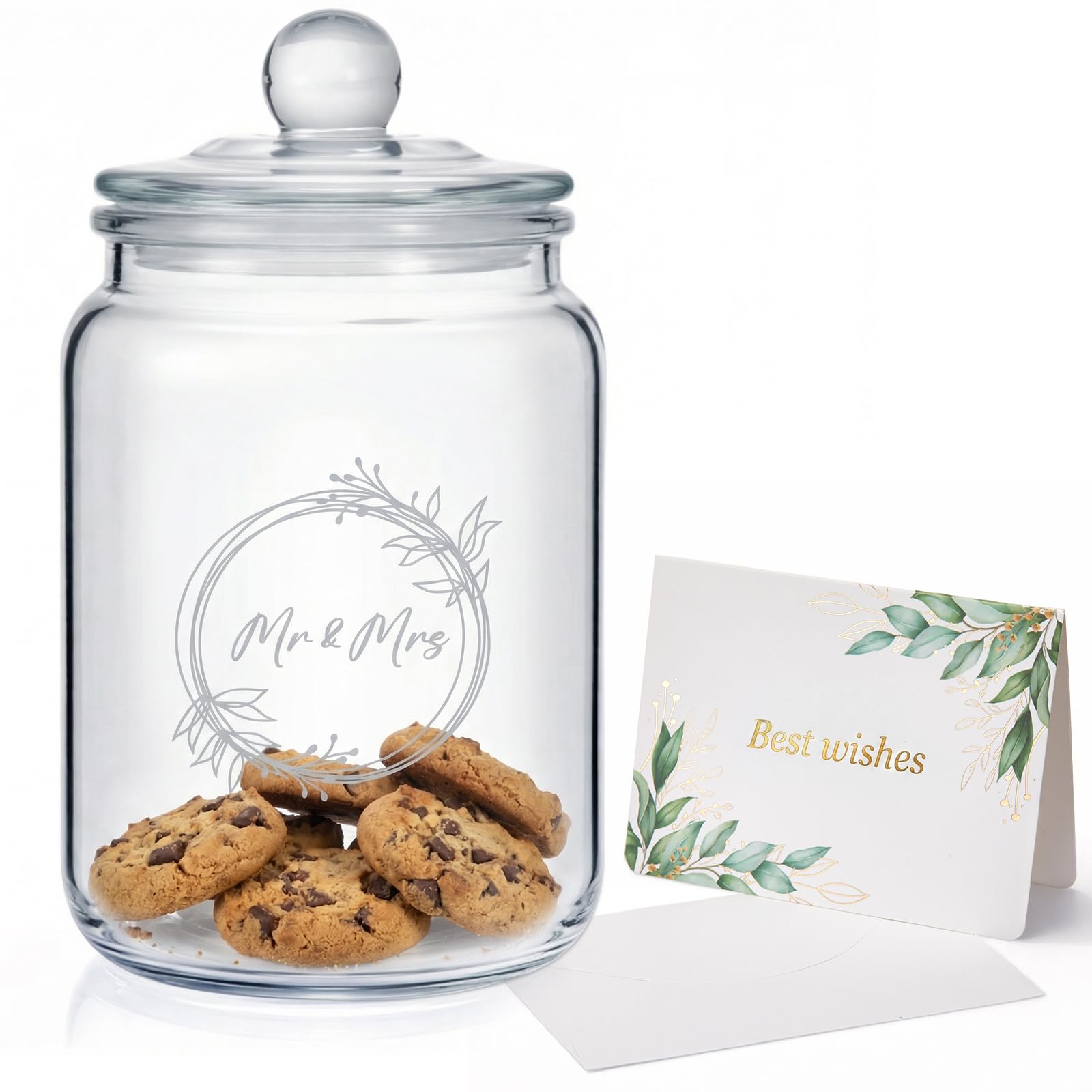 Keksdose aus Glas mit Gravur Mr & Mrs Hochzeitsgeschenk für Brautpaar 1 L Keksglas mit Deckel Bonbonglas Vorratsglas mit Grußkarte Geschenk für Paare zur Hochzeit Jahrestag